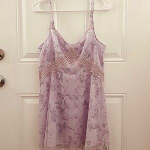 Vintage Japanese Floral Mesh Lace Trim Chemise Slip Top Lilac